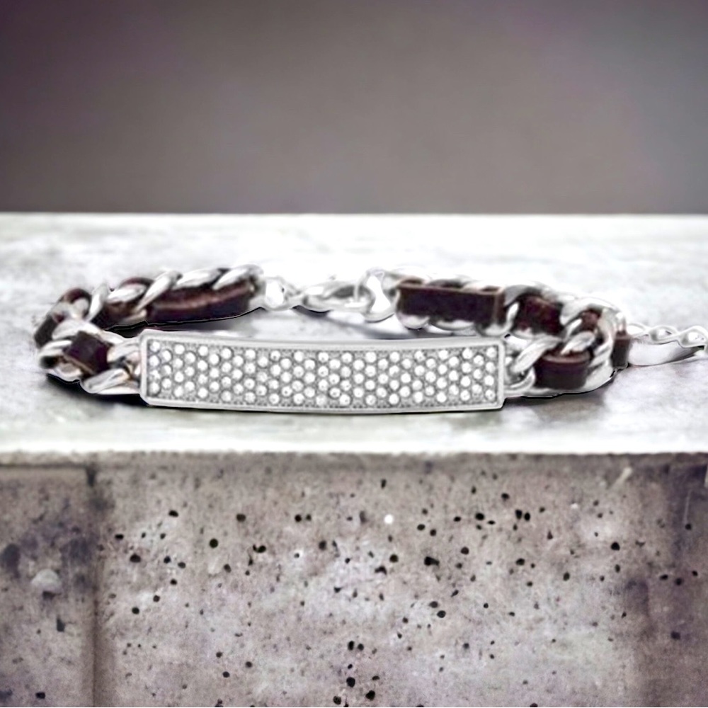 Thin Dark Brown Leather Bracelet With Pave and Silver Chain